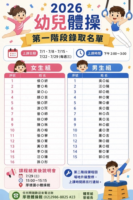 2026幼兒體操-第一階段錄取名單(修正)