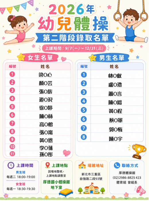 2026幼兒體操-第二階段錄取名單