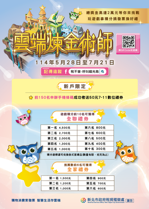 新北市政府稅捐稽徵處於114年5月28日至7月21日舉辦「雲端煉金術師」網頁互動遊戲圖片