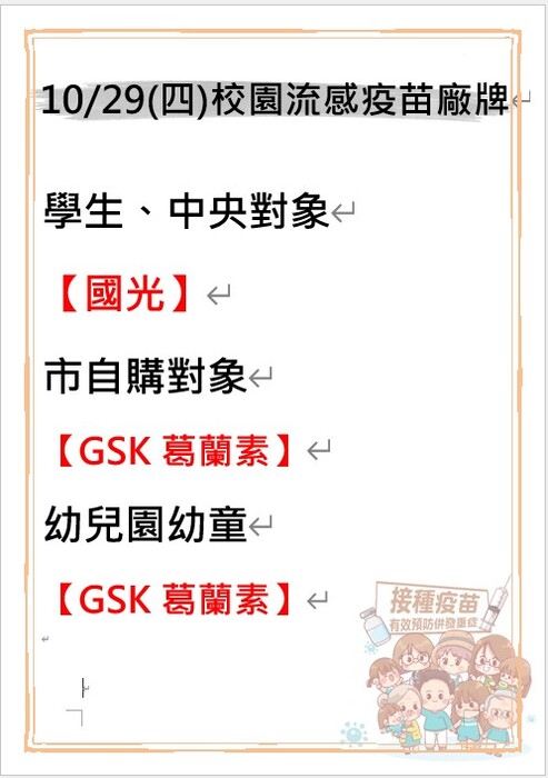 115/10/29(四)流感疫苗接種廠牌